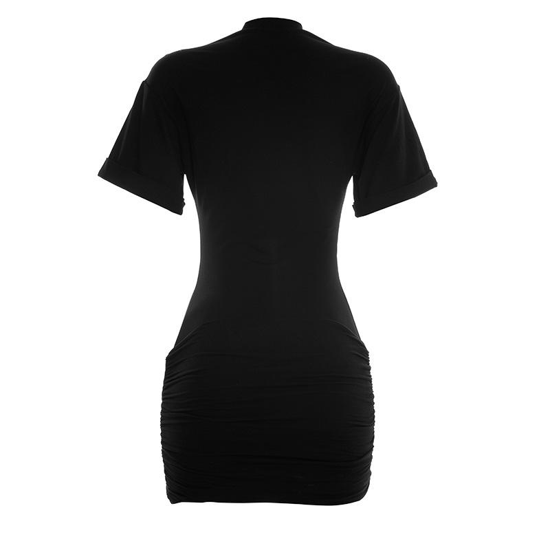 Y26DS051 European & American Women's Spring/Summer Casual Solid Color Ruched Dress with Metal Detail & Half High Collar