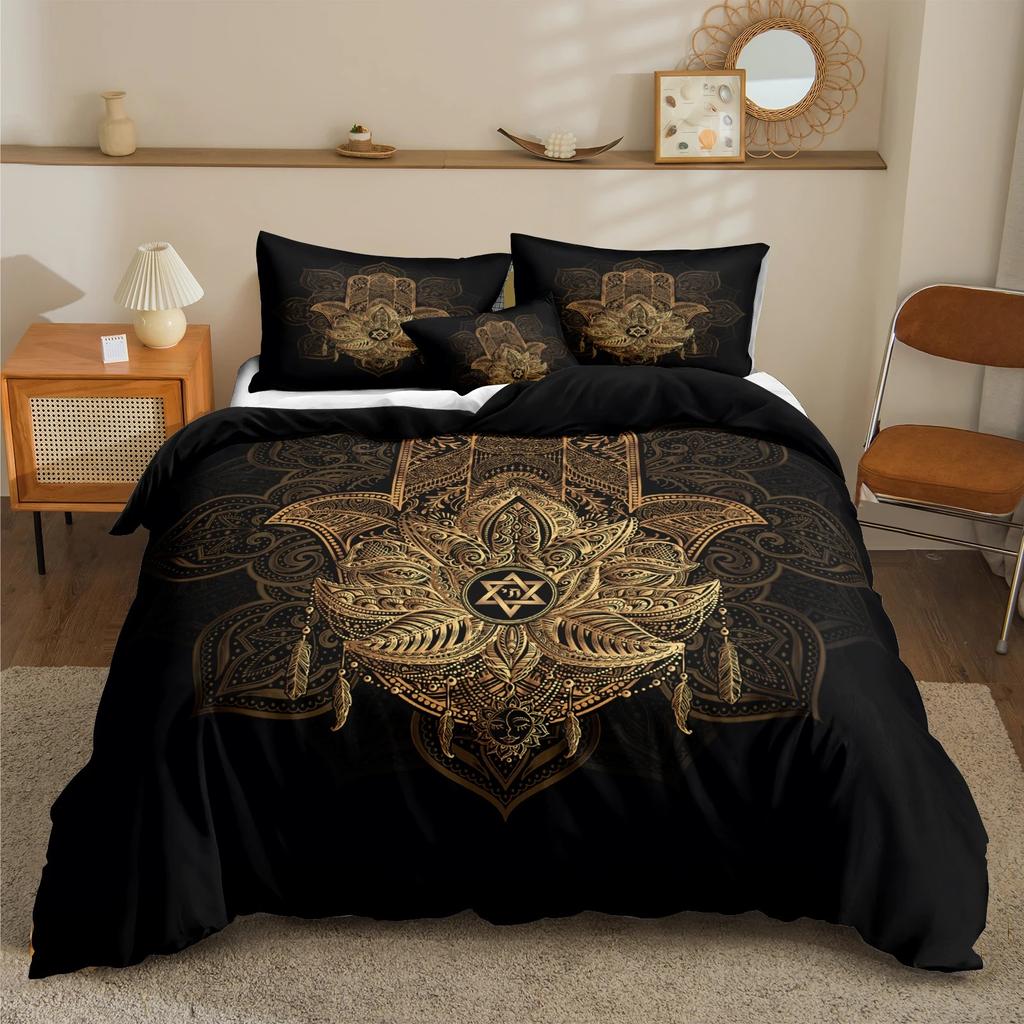 Hamsa Hand King Queen Bedding Set Hand of Fatima Duvet Cover Boho Mandala Black Gold Lucky Hand Polyester Quilt Cover