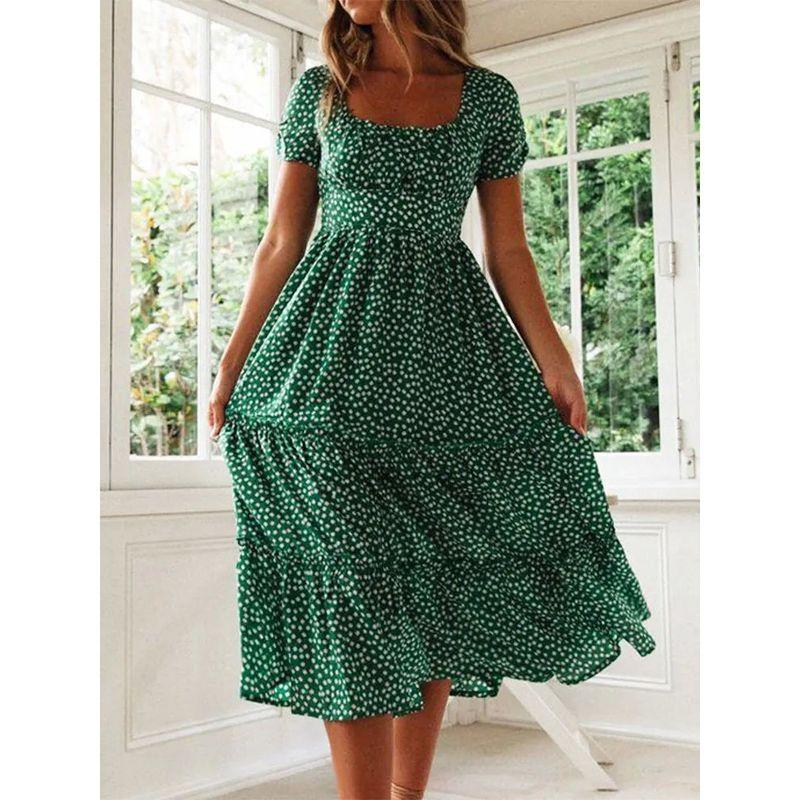 

Square Neck Bubble Sleeve Floral Dress Square Collar Puff Sleeve Floral Dress Female green XL