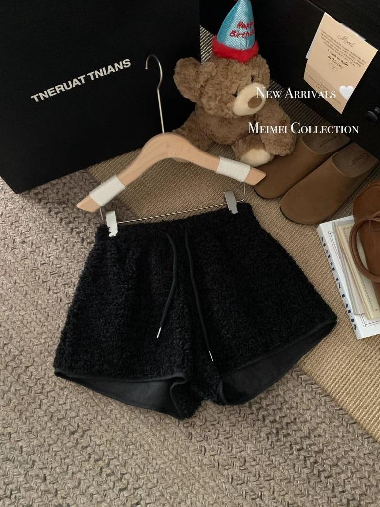 Women's 2024 Lambswool High Waist Drawstring Warm Shorts - Autumn/Winter Casual Loose Fit Hot Pants Outerwear