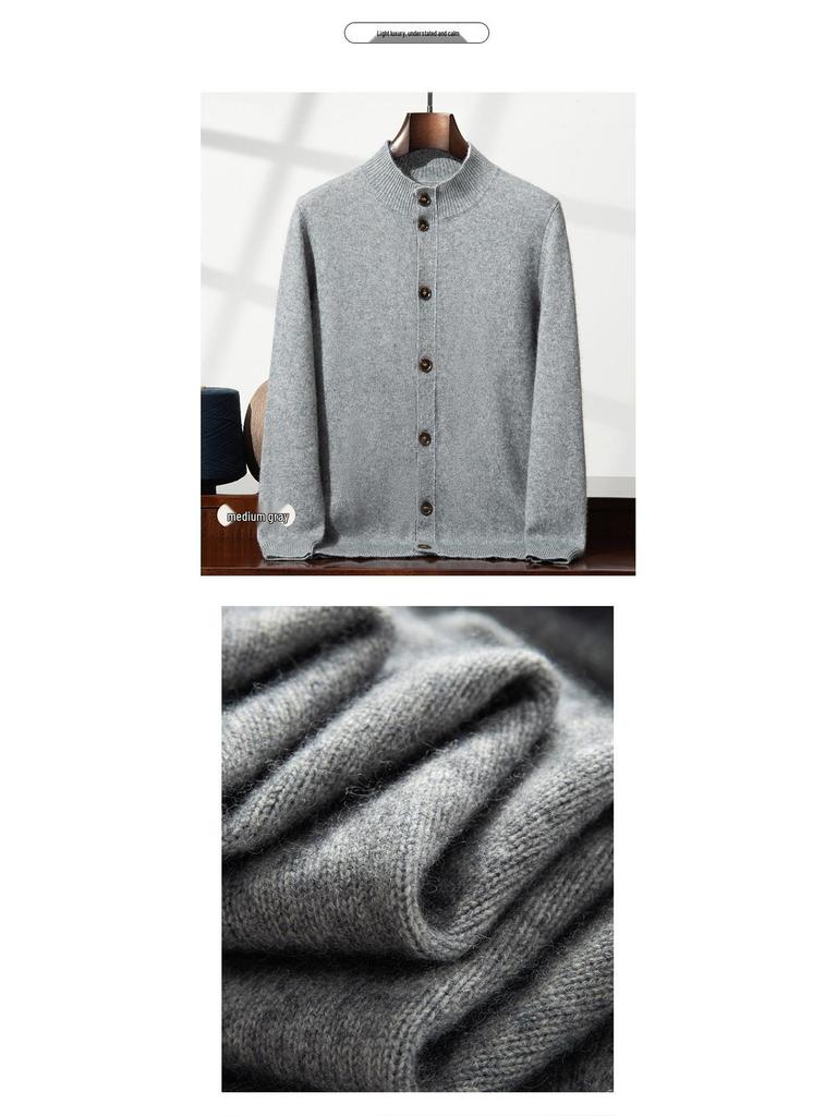Men's Business Casual Cashmere Cardigan - Thick Stand Collar Wool Knit for Autumn & Winter
