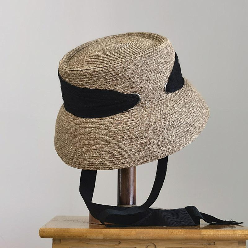 Concave Top Lace Streamer Lampshade Basin Hat Sun Protection Beach Sunshade Straw Hat Women's Summer Retro Bucket Hat