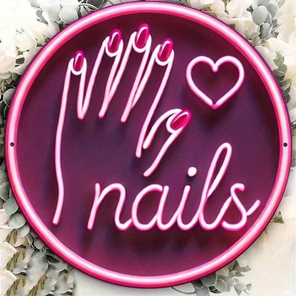 1pc Pink Neon Sign Nail Salon Decor, 20x20cm Round Laser Cut Iron Wall Art Hanging
