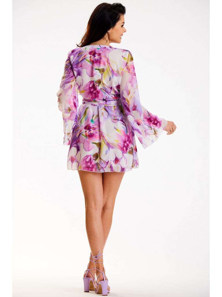 Mini dress with a wrap neckline, kimono, purple floral pattern S