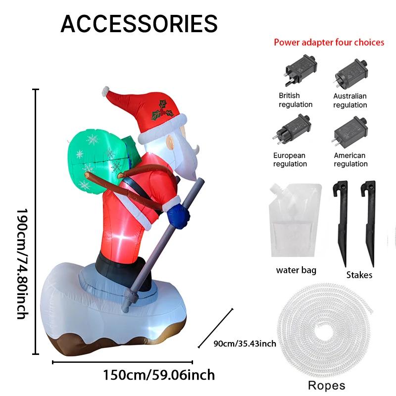5.91FT Christmas Inflatable Toys with LED Lights Xmas Santa Snowboard Supplies Home Ornaments Festive Gift Yard Decoration