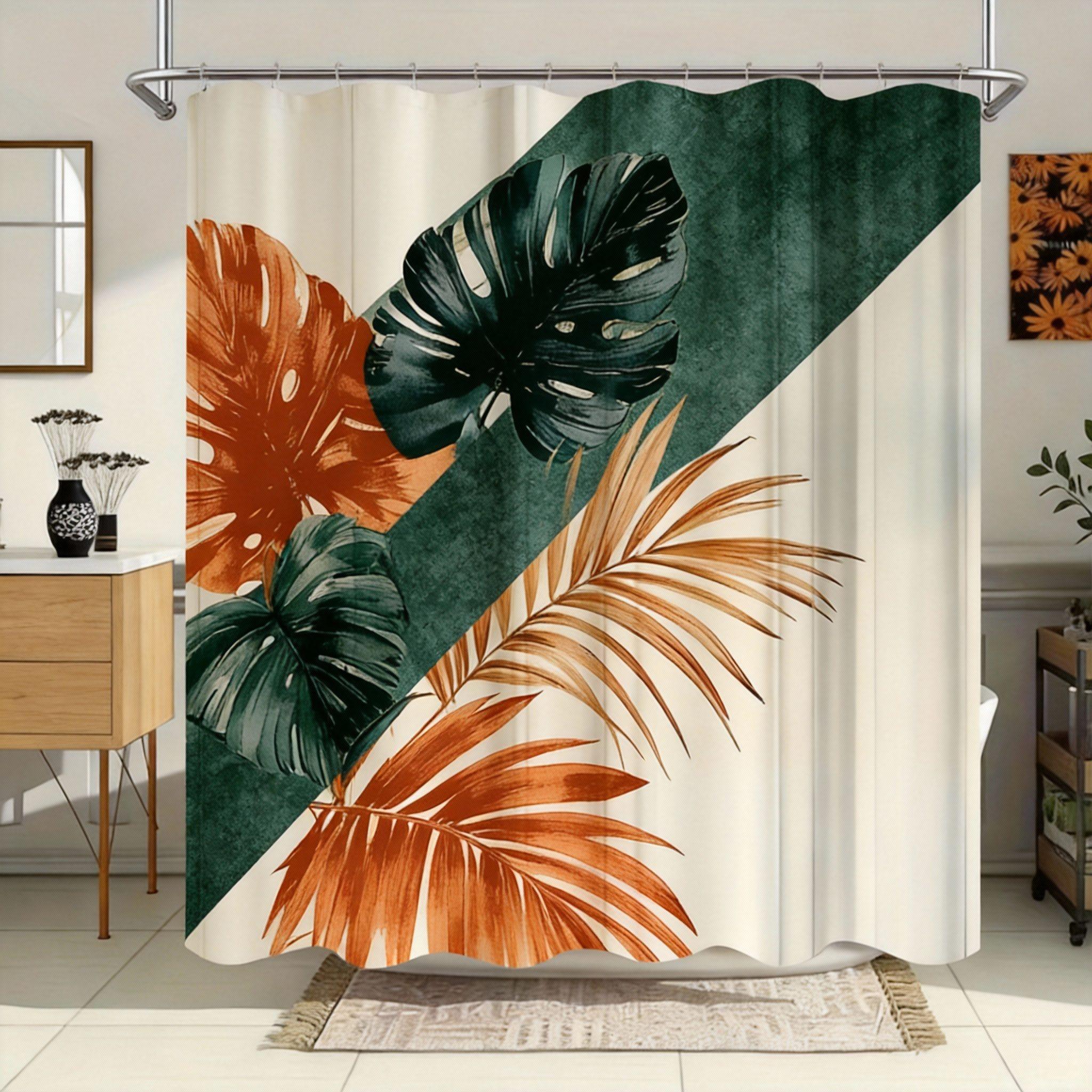 Palm Leaf Shower Curtain 180x180cm – Large Monstera & Tropical Leaves on White, Boho Bathroom Decor, 12 Hooks 90X180cm(35x70in)
