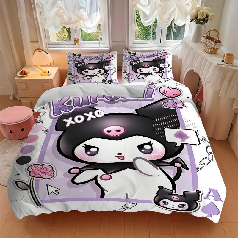 3pcs Kuromi's Sweet Kisses Quilt Set Cartoon Themed Bed Quilt Set Lovely Character Bedroom Decor Bed Quilt Set Four Seasons (1 Cover + 2Pillowcas