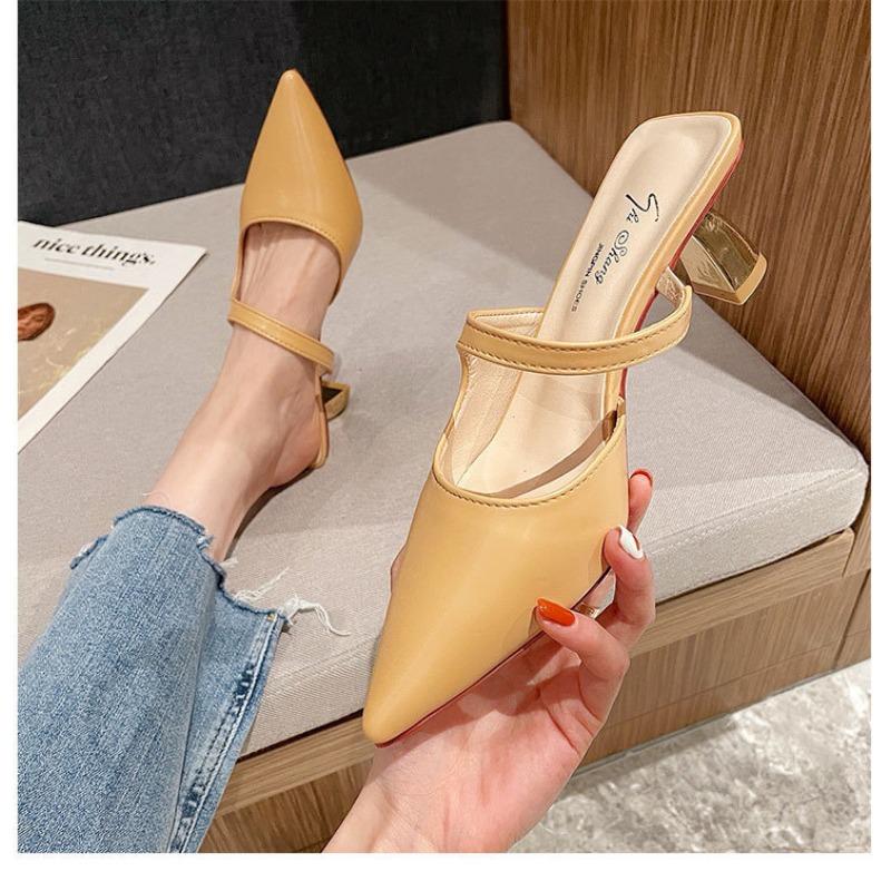 Mid-spring high heels pointed head lazy bag head half tray new ol comfortable thick heel cool slippers women's heel