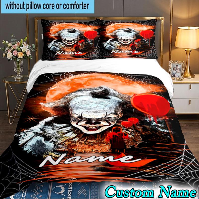 3PCS Custom Name Clown Horror Bedding Set, Bedding Set Including 1pc Duvet Cover And 2pcs Pillowcases for Bedroom,Dormitory Gift
