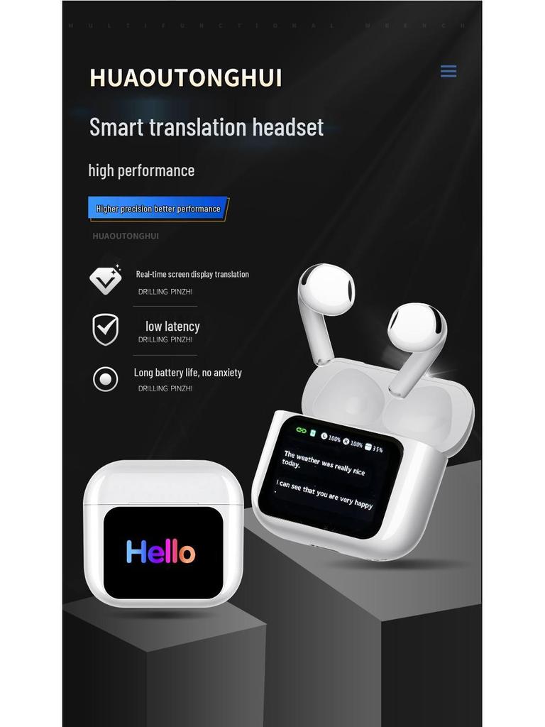 T13 Bluetooth Translation Earphones: AI Wireless In-Ear, Noise Reduction, Smart Color Screen, Long Battery Life.