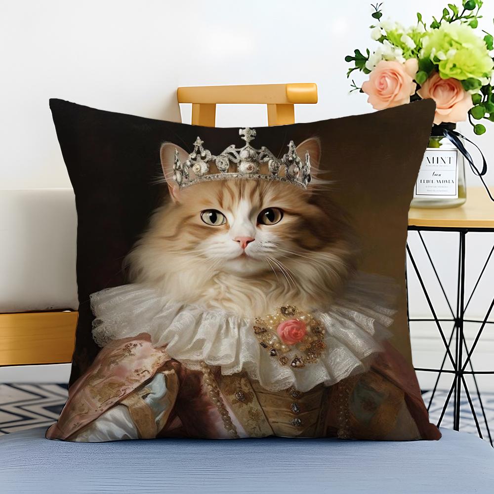 Renaissance Royal Cat Funny Cushion Cover Washable Linen Pillowcase Soft  for Sofa Bed Cozy Home Room Decor