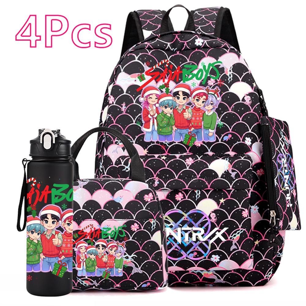 4Pcs/set Christmas Kpop Printed Backpack with Handbag Pencil Case 750Ml Water Bottler for Teenager Boy Girl Large Capacity Bookbag Schoolbag Kid Gift