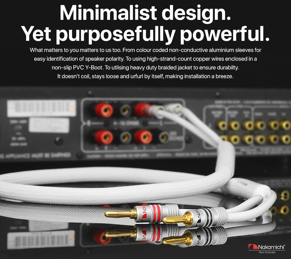 Nakamichi Excel Series 24k Gold-Plated Speaker Cable Wire with Banana Plugs, 99.9% Oxygen-Free Copper (OFC) Heavy-Duty Braided for Amplifiers, Hi-Fi,