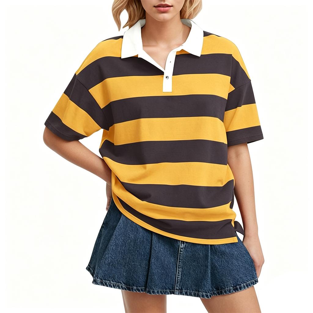 Women’s Casual Striped Polo Collar Loose Fit Short Sleeve Top Relaxed Style Pullover Shirt for Everyday Wear