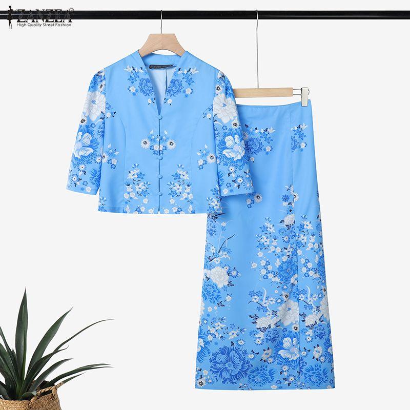 ZANZEA Women 3/4 Sleeve Blouse and Sheath Skirts Floral Print Elegant Two Piece Suit Sets