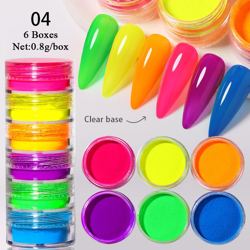 Nail Art Allmählich wechselndes Perlenpulver, 6 Schachteln Neonspiegel, magischer Spiegelpulver, fluoreszierender magischer Nagelglitzer