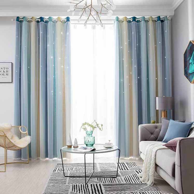 Gradient Striped Blackout Curtains Dual-Layer Sheer & Fabric Grommet Top All-in-One Window Drapes Home Decor