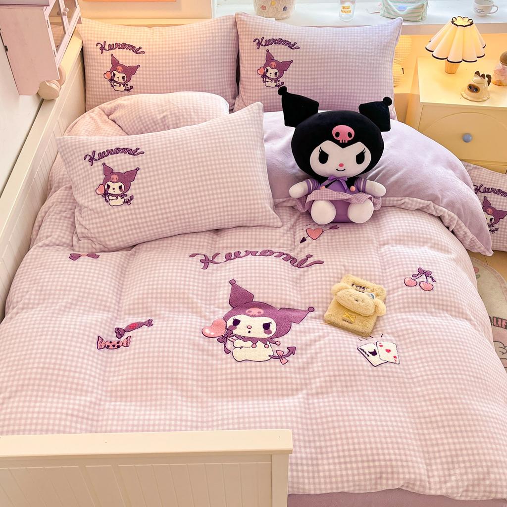 Cat Thickened Milk Fleece Four-Piece Set Cartoon Sticker Embroidered Fleece Quilt Cover Student Three-Piece Set
