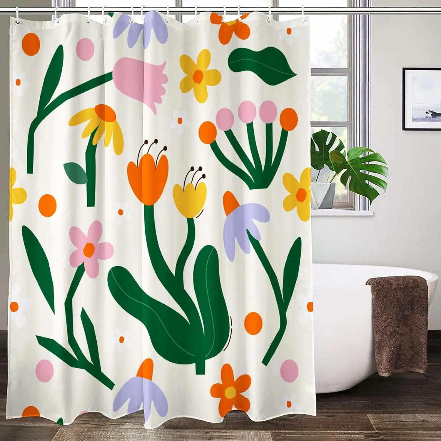 

Vintage Flowers 70S 80S Shower Curtain Washable Waterproof Fabric Aesthetic Bath Curtains Set For Bathroom With Hooks Decor Art W60H190(CM)-1 Pcs