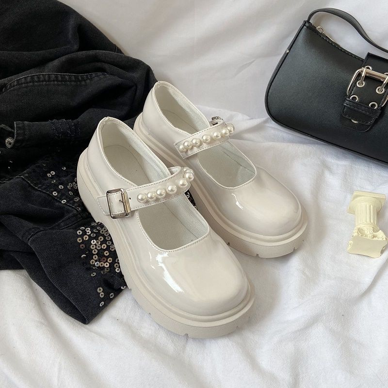 French retro British style small leather shoes women's spring new pearl fairy word with platform Mary Jane single shoes