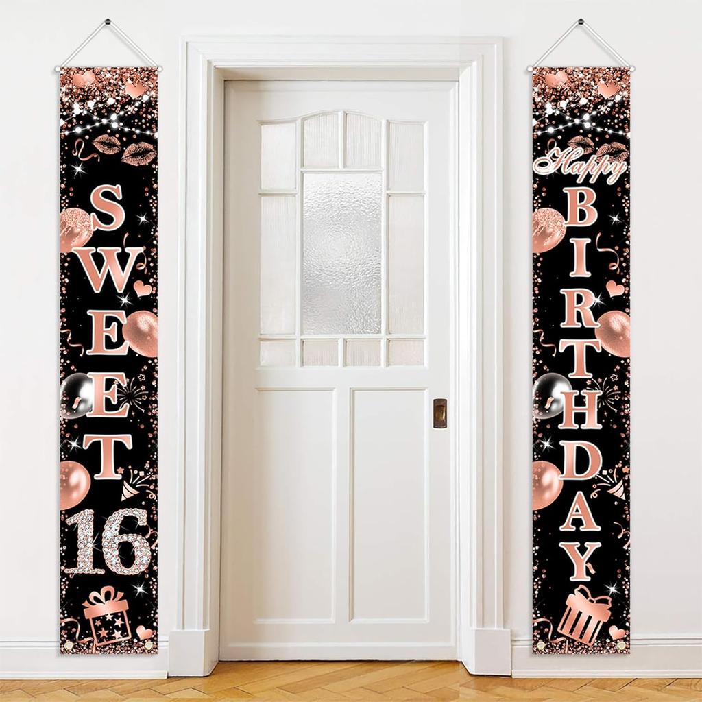 Avezano Sweet 16 Banner Rose Gold Sweet 16 Happy Birthday Porch Signs 16th Birthday Decorations for Girls Sweet Sixteen Year Old Birthday Banner