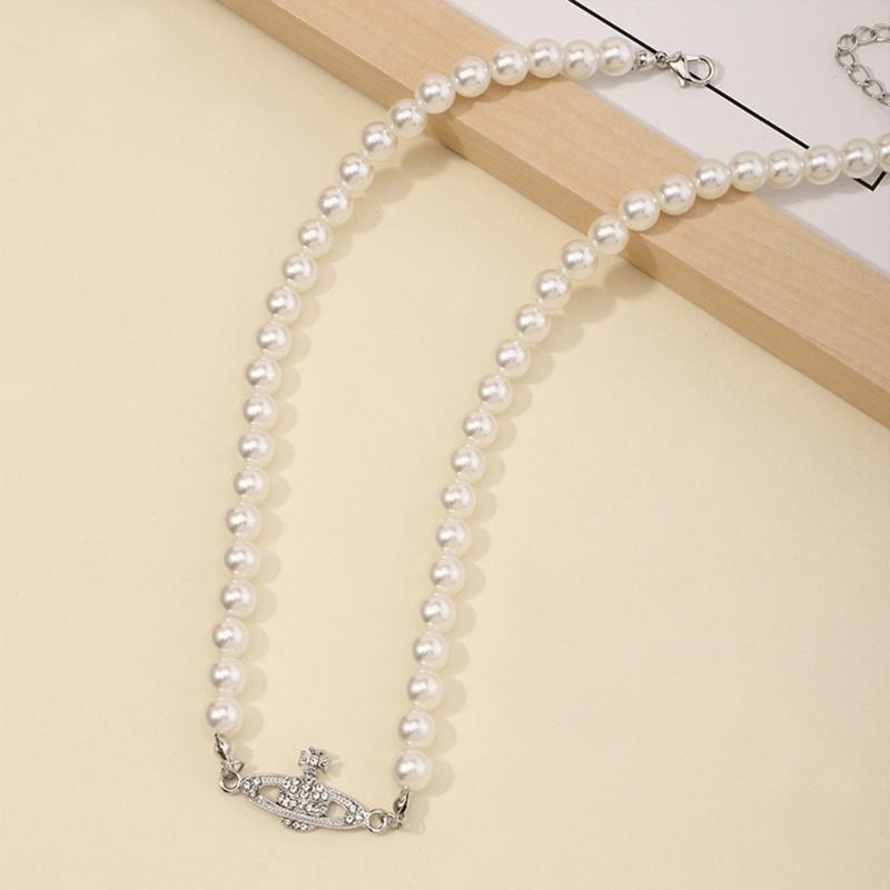 Planet Pearl Choker Necklaces for Women Crystal Rhinestones Pearl Bead Necklaces Ladies Wedding Pearl Bead Chain Neck