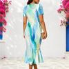 Women Plus Size V Neck Short Sleeve Printed Dark Blue Fitted Fishtail Dress