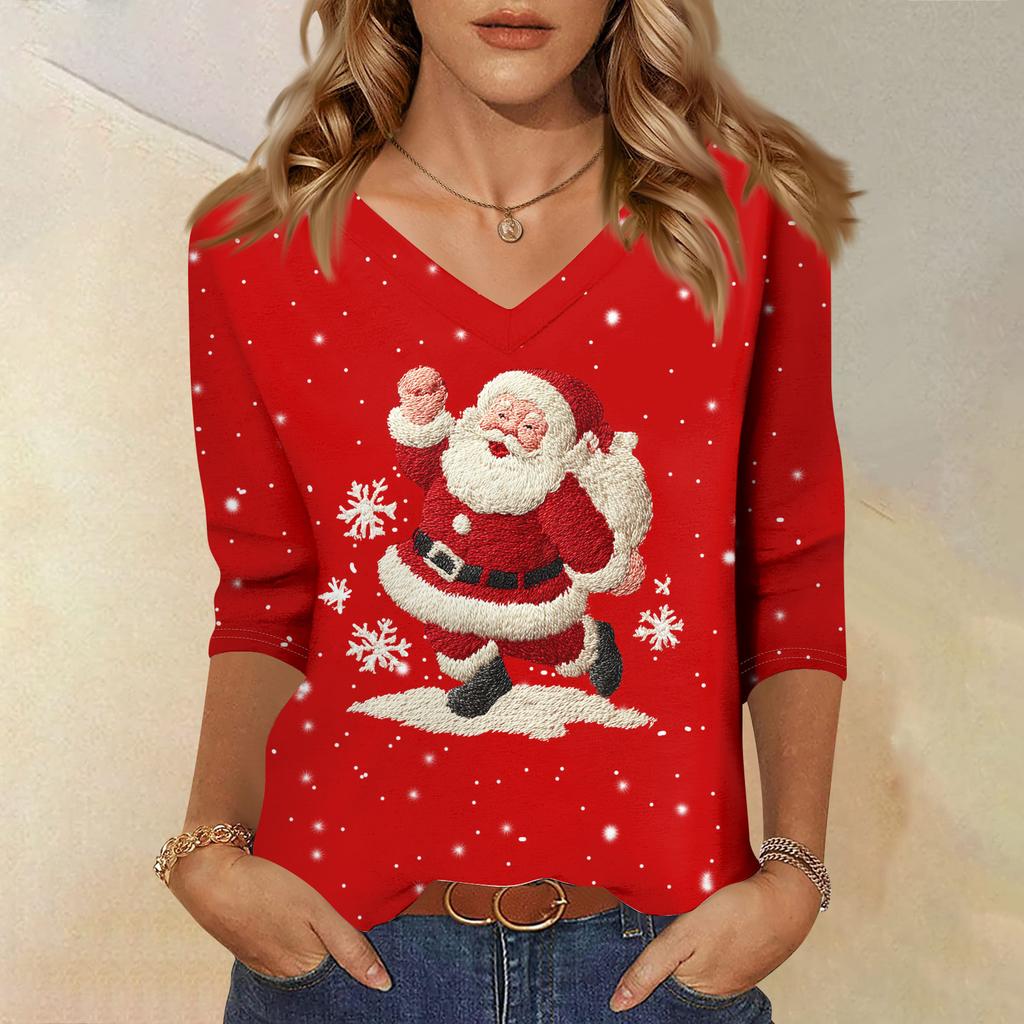 3/4 Sleeve Shirts For Women Print Christmas Tees Blouses Casual Plus Size Basic Tops Pullover