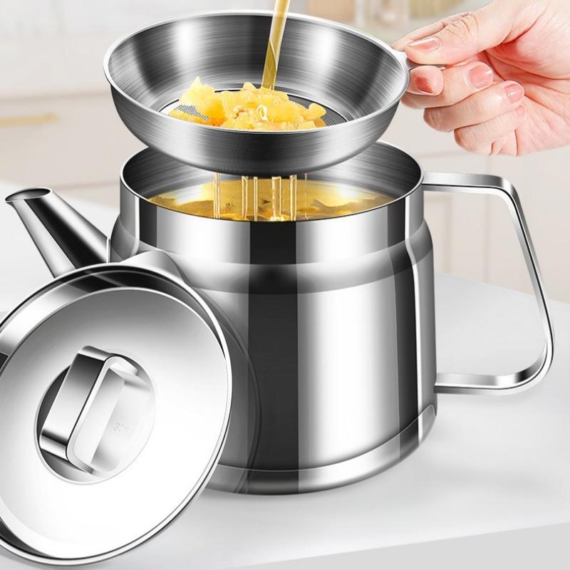 1/1.5/2L Oil Filter Pot Stainless Steel Oil Strainer Pot with Fine Mesh Strainer Fry Basket Oil Storage Can Grease Container