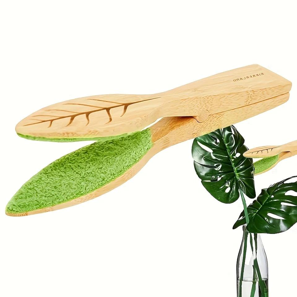 1pc Wooden Leaf Cleaning Tongs Handheld Green Plant Dust Brush Plant Care Cleaning Tool Gardening Supply Leaf Cleaner Accessory
