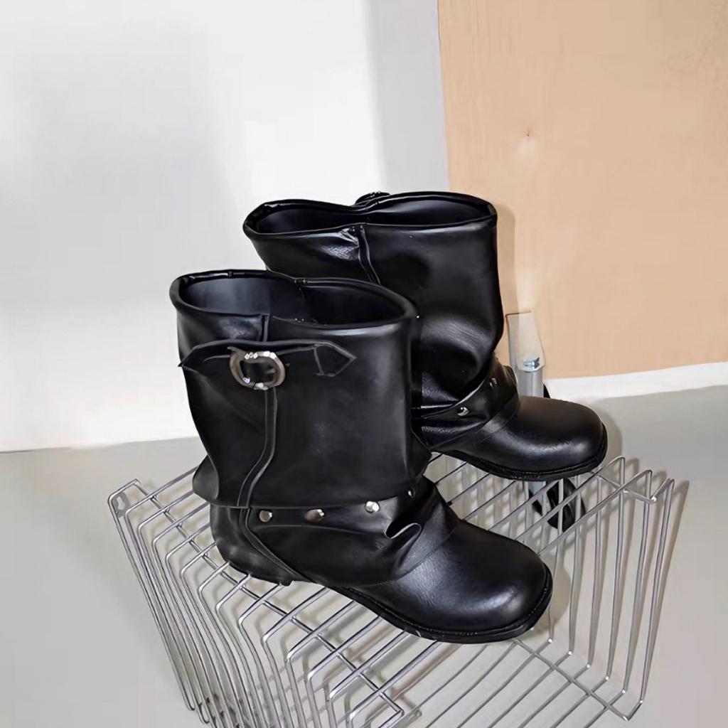 Spice Girls Kalhoty Kozačky Dámské 2025 Nýtované Plisované Hromadné Kozačky Černé Westernové Kovbojské Kozačky Krátká Spona Martinovy Kozačky