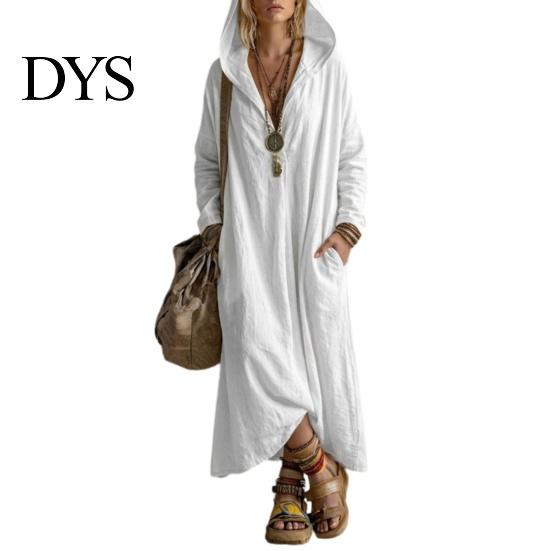 Damen Taschenkleider Langarm Kapuzenkleid, Lässiges Lockeres Boho Maxikleid in Unifarben für den frühen Herbst, V-Ausschnitt mit Taschen V-Ausschnitt