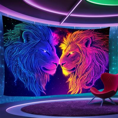 VIKAMA Cyber Neon Double Lion Kiss Tapestry Animal Atmosphere Ins Wind Bedroom Decoration Wallpaper Home Room Decoration