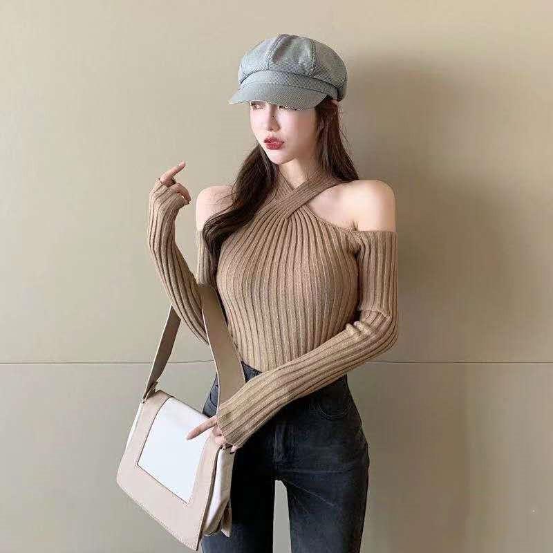 Sexy off-the-shoulder cross-neck red ladies sweater, short tight-fitting top for autumn and winter1781#