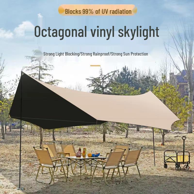 Forest Bee Outdoor Schwarzes Vinyl Campingzelt mit Regenschutz und Sonnenschutz, Sechseckiges/Achteckiges Schmetterlingsdesign, Silberbeschichtet.