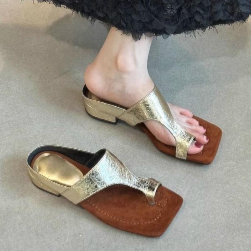 

Модные женские тапочки Модные кожаные сандалии с квадратным носком Высококачественные повседневные тапочки для женщин Летние сандалии с перемычкой между пальцев Sandalias Mujer 35 золотистый