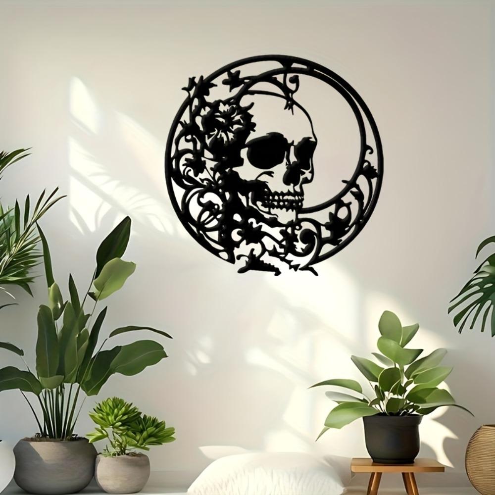 Metal Wall Art Crescent Moon Skull Sculpture, Gothic Mystical Decor for Bedroom Study Outdoor, Halloween Christmas Gift for Dark Art Lovers