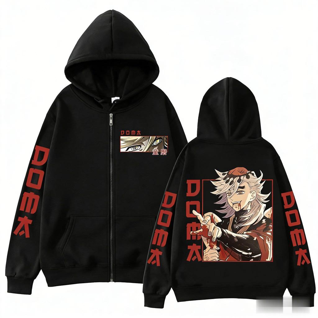 Unisex Anime Demon Slayer Doma Graphic Hoodie Zip Up Jacket Streetwear Oversized Print Long Sleeve Casual Gothic Fashion