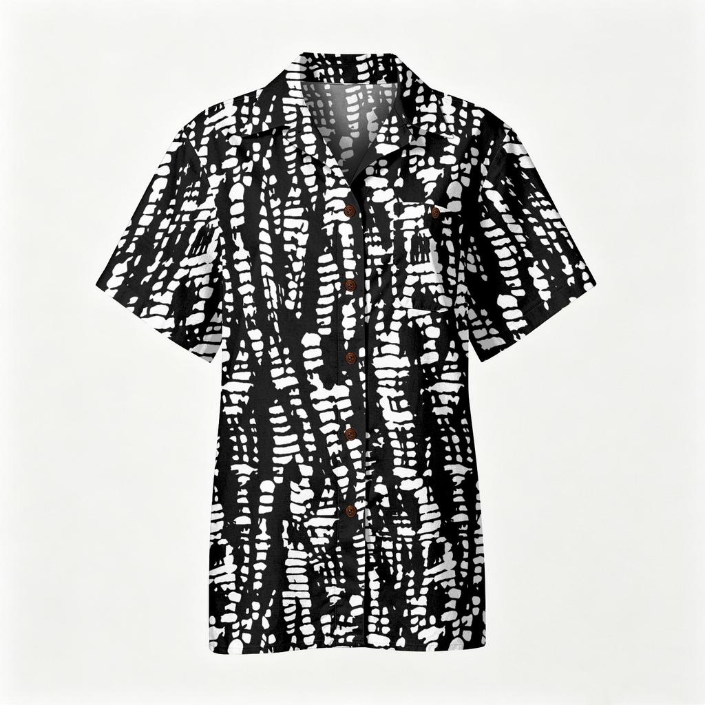 Men’s Spring Summer Casual Shirt Cotton Linen Short Sleeve Button Down Collared Top with Abstract Print Lightweight Relaxed Fit