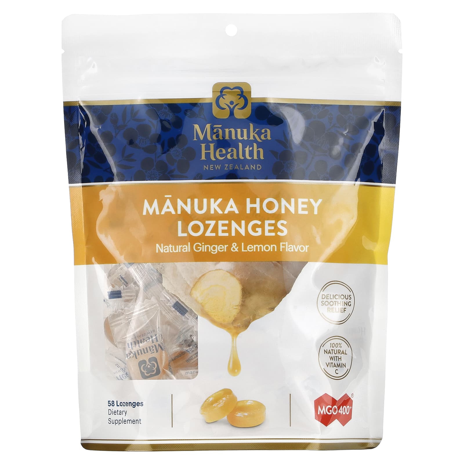 

Manuka Honey Lozenges, Natural Ginger & Lemon, Mgo 400+, 58 Lozenges