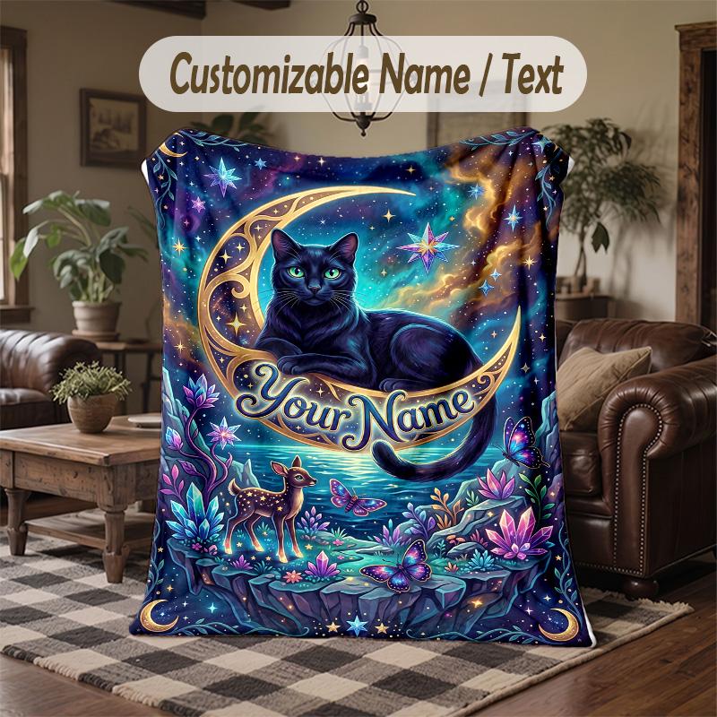 Moonlit Cat Dreams Theme Throw Blanket Custom Name Text Personalized Blanket Soft Cozy Blanket for Home Sofa Bed