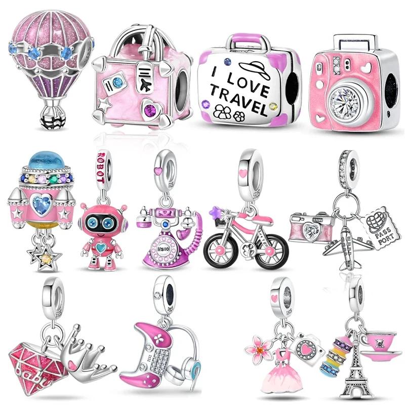 925 Silver Travel Suitcase Charms Beads Fit Bracelets Bag Keychain Charms Beads Pendant Diy Women Jewelry Gift