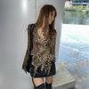 2KWEIRD Japanese Y2k Leopard Print Shirt Vintage Harajuku Ruffled Blouses Grunge Aesthetics V-neck Irregular Shirt Trashy 90s