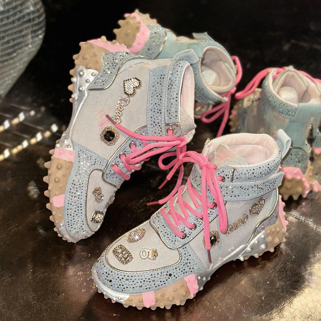 Fashion Luxury High-top Women's Sneakers Fashion Luxury Rhinestone Ladies Shoes 2025 New Outdoor Platform Female Sports Shoes Vulcanize