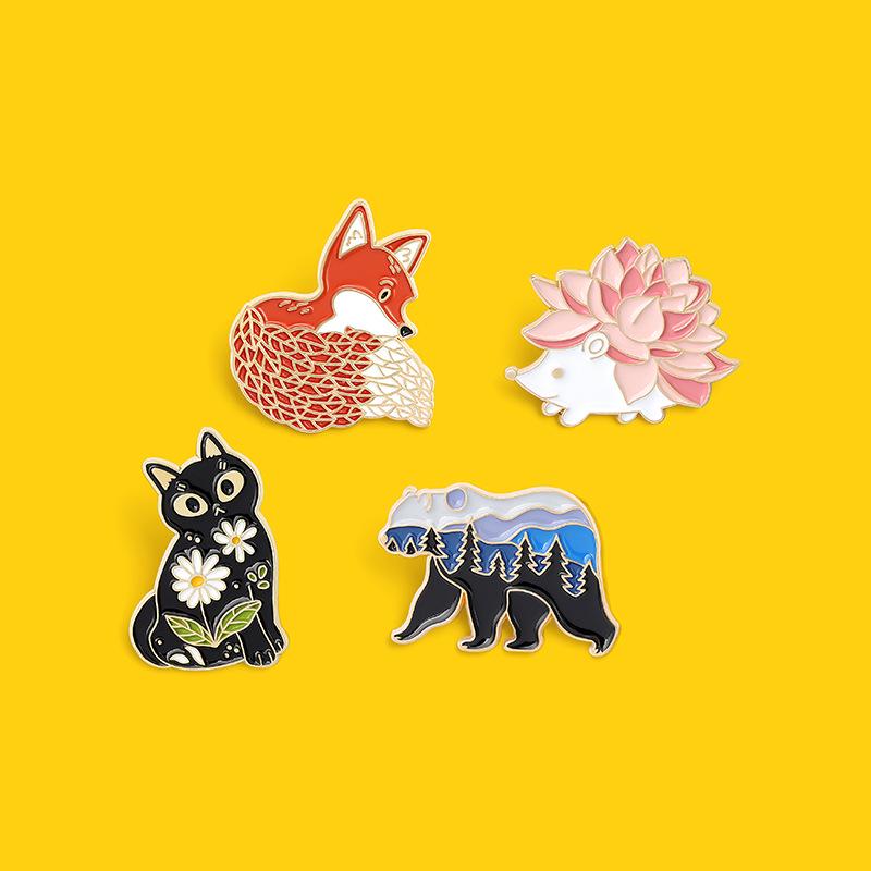 Cute Cartoon Animal Badge Series: Red Fox, Black Cat, Hedgehog Enamel Brooch Accessories