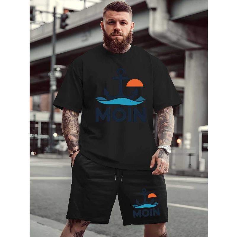 

European Size Moin Men S Plus Size Casual Short Sleeve T-Shirt - Vibrant Orange with Anchor & MOIN Print, Loose Fit, Breathable Summer XL чорний