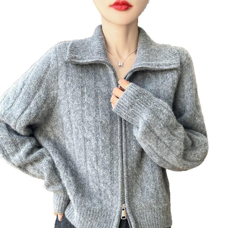 Dámský kašmírový vlněný kardiganový svetr s dvojitým zipem