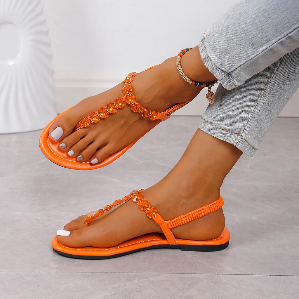 Fashion Rhinestone Decor Women Beach Shoes Women's Solid Color Thong Sandals Elastic Ankle Strap Lightweight Soft Sole Glitter Shoes