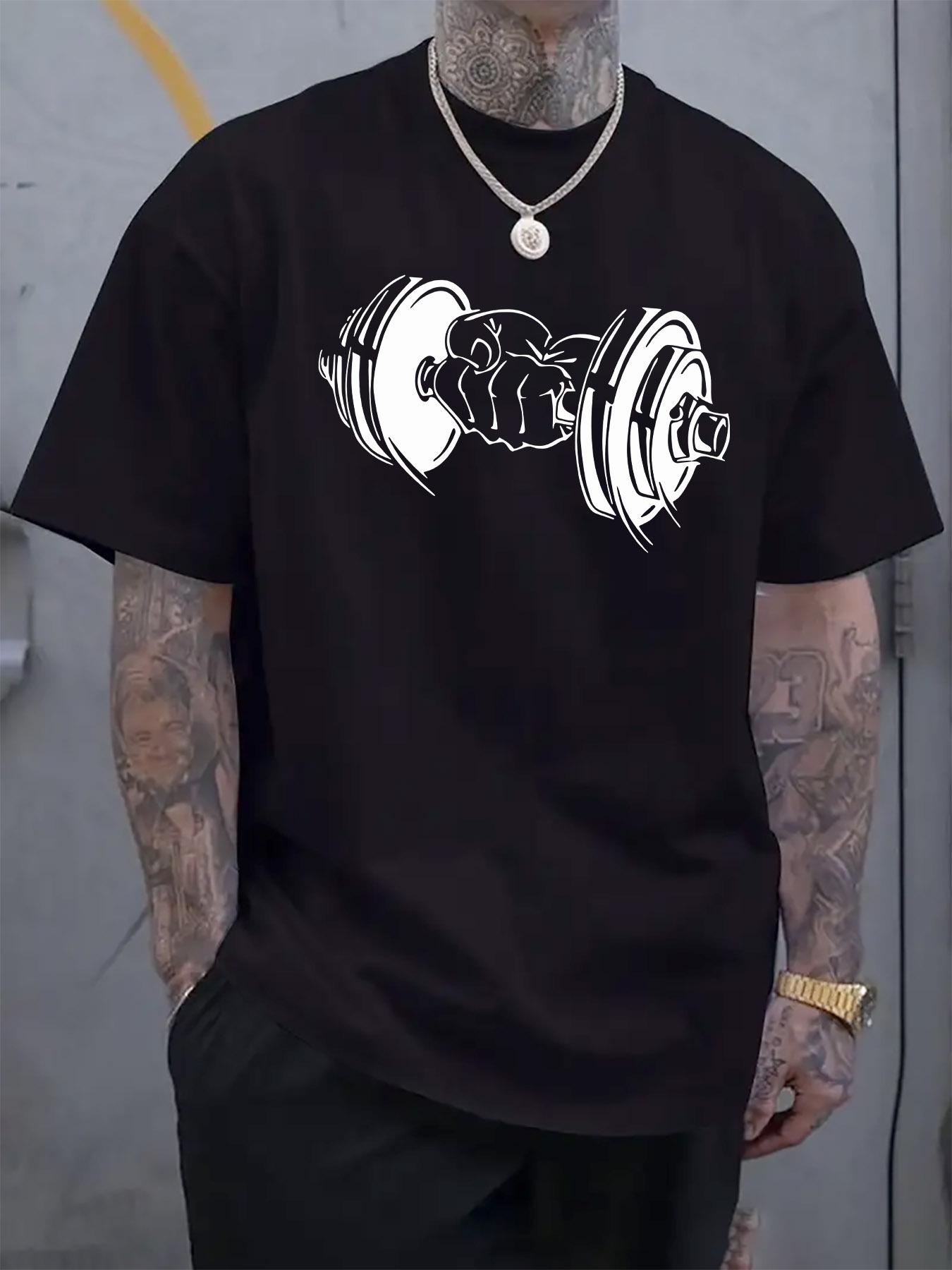Casual Crew Neck Tshirt with Dumbbell and Grip Graphic Print XXXXL