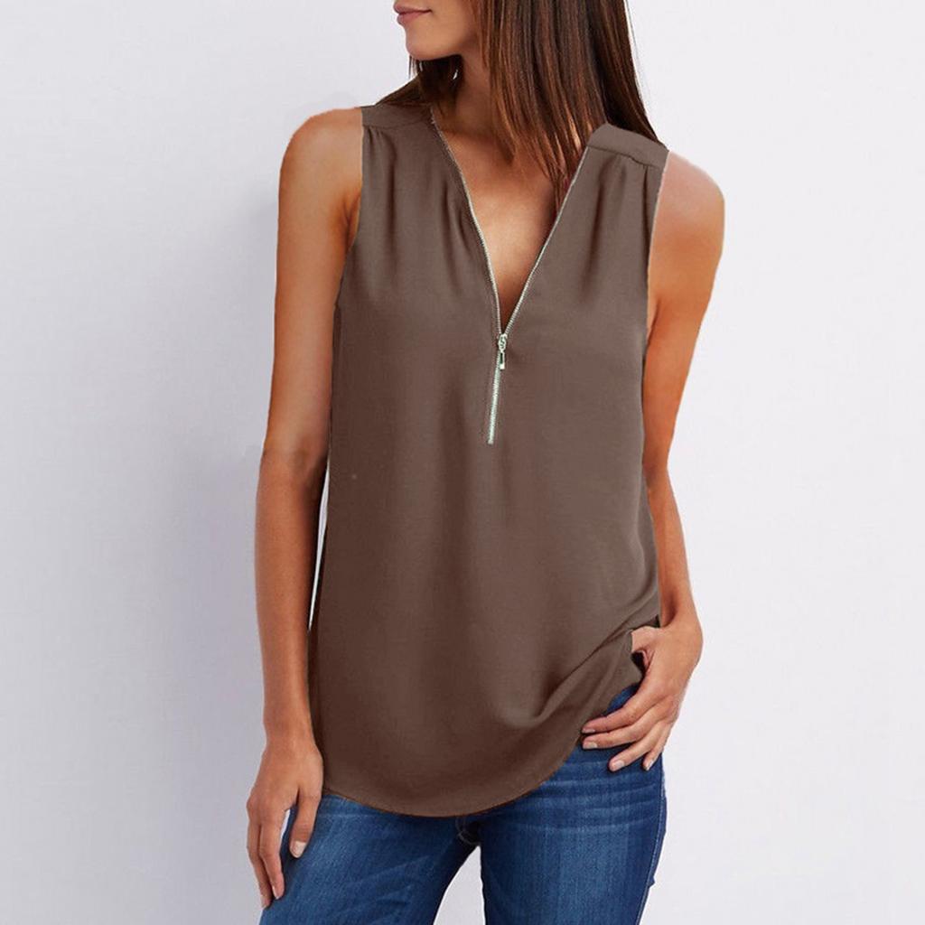 Women‘s Zipper V-Neck Sleeveless Casual Solid Tops Blouse Loose Vest T-Shirts